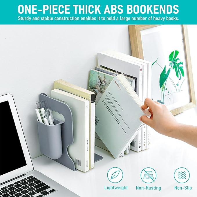SAYEEC Adjustable Bookends with Pen Holder Expandable Book Ends for Heavy Books Plastic Desk Book Holder Book Stopper Bookcase Magazine Binder Organizer Rack for Shelves Office School Home (Grey)