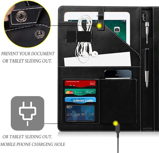 Toplive Portfolio Case Padfolio, Executive Business Document Organizer with Letter Size Clipboard, Business Card Holder, Tablet Sleeve, Perfect for Business School Office Conference, Tree-Black