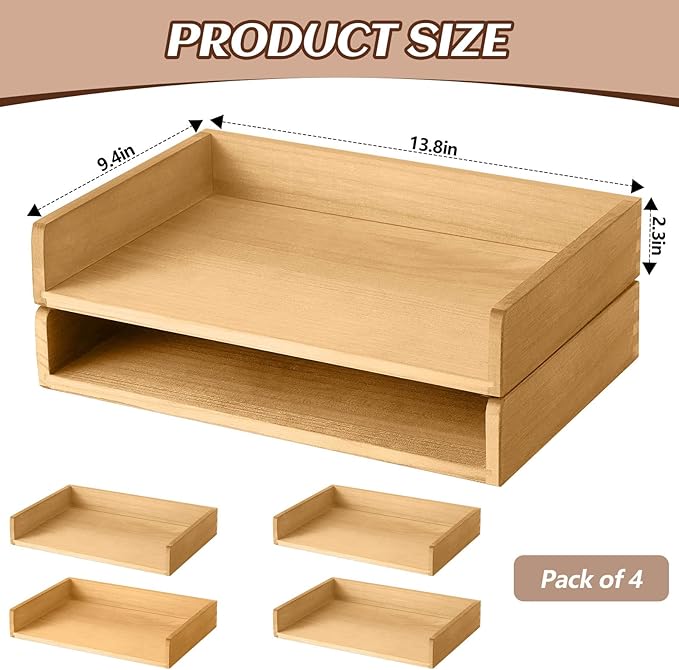 Yeaqee 4 Pcs Stackable Paper Tray Letter Tray Desktop Letter Size Wood Desk Organizer Office Wooden Desk Shelf Paper Holder Folder Organization Rack for Mail File Letter Document (Light Wood Color)