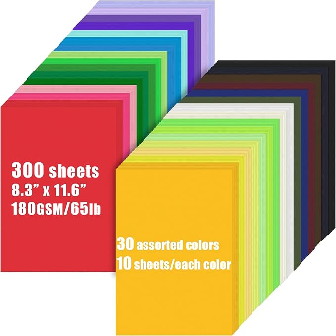 Colored Cardstock Bulk 300 sheets, A4 Cardstock Paper 30 Assorted Colors Construction Paper, Card Stock Printer Paper Scrapbooking Supplies for Diy Crafts Cricut Card Making, 65LB/180 GSM