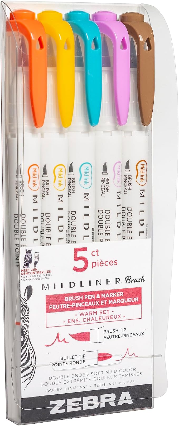 Zebra Pen Mildliner Brush Marker, Double Ended Brush and Fine Tip Pen, Assorted Warm Colors, 5 Pack