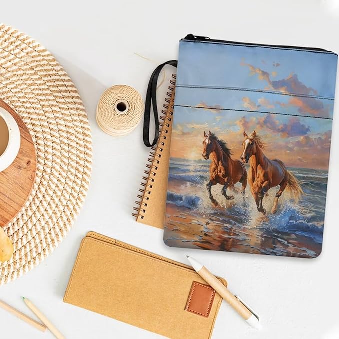 COEQINE Horses Themes Large Black Book Cover Case Zippered Organizer for School Teacher Student Hardcover Book Sleeves Cover with Pen Holder Beach Horse Sunset Pattern Book Sleeves