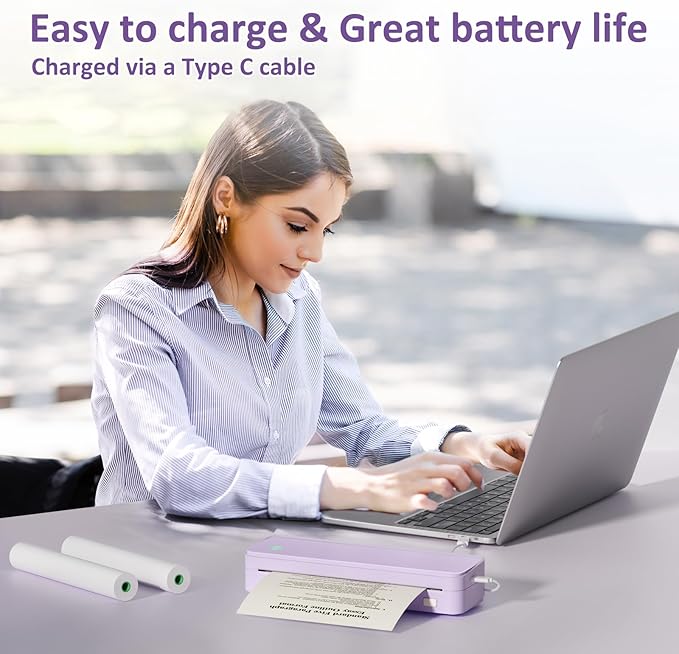 Inkless Portable Printer for Travel, Wireless Thermal Printer Supports 8.5 x 11 Inch US Letter Size, Bluetooth Machine Includes Carry Case and 3 Rolls of Thermal Paper Kit, Purple