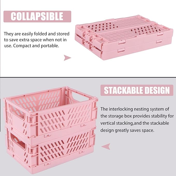 Tixill 2-Pack Mini Foldable Plastic Baskets for Organizing and Storage, Collapsible Storage Crate for Home Kitchen Bedroom Bathroom Office (5.9x3.8x2.2, Pink)