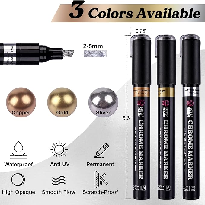 LET'S RESIN Liquid Mirror Chrome Metallic Markers, Reflective Gloss, 2-5mm Larger Application Area, 3 Colors Epoxy Resin Tools/Supplies for Coloring, Stroke, Painting, DIY Craft