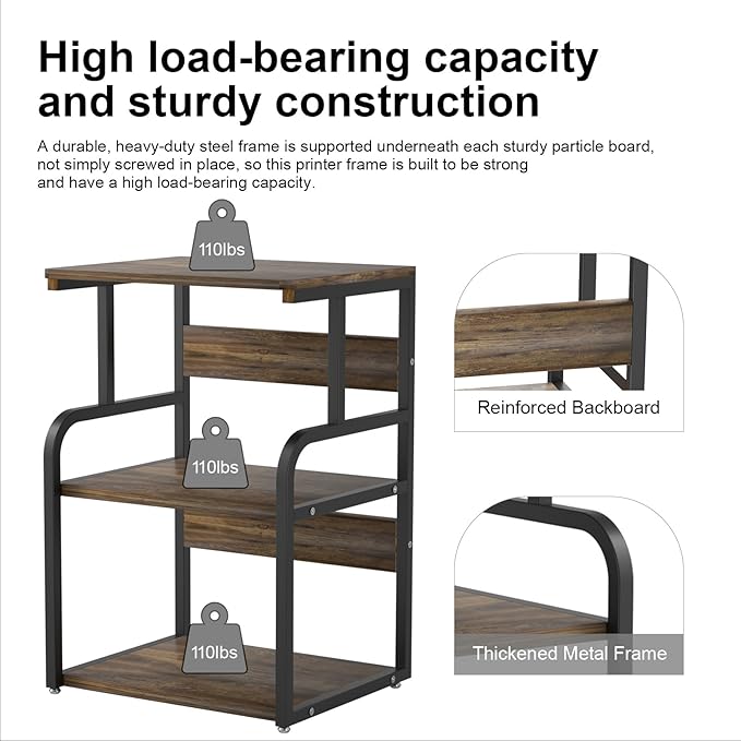 Large Printer Stand with 3-Tier Wood Storage Shelves -Multi-Purpose Desk Organizer- for Printer Scanner Fax Home Office Use with Wheels (Rustic Brown)