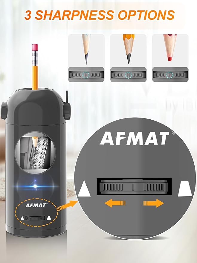 AFMAT Electric Pencil Sharpener for Colored Pencils 7-11.5mm, Fully Automatic Robot Pencil Sharpener, Auto in & Out, Rechargeable Hands-Free Pencil Sharpener for Large Pencils, Home, Classroom, Gray