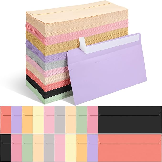 500 Pcs Colorful #10 Business Envelopes Adhesive Standard Envelopes Colored Envelopes for Office Check Invoices Letters Letterhead Invitations Announcements 4-1/8 x 9-1/2'' Assorted 10 Colors (Pastel)