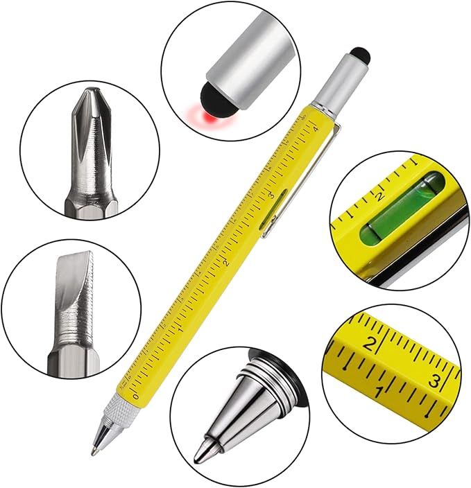 HeTaoCat Gifts Multi Tech Tool Pen 6 in 1 Stylus Pen - Screwdriver Pen with Ruler, Levelgauge, Ballpoint Pen Black ink (Yellow)