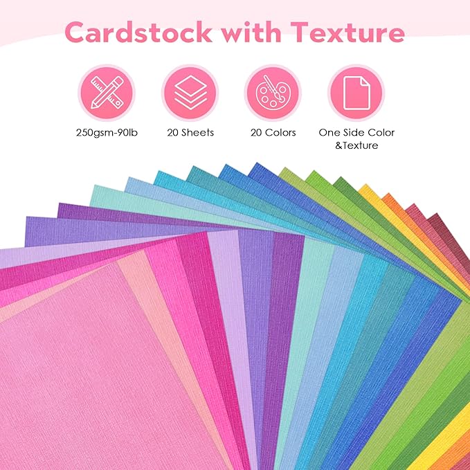 20 Sheets Rainbow Colorful Cardstock Textured Assorted Colored Paper 250 gsm Single-Sided Printed Thick Card Stock for Card Making, Scrapbooking