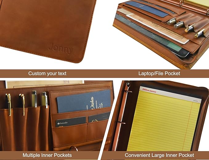 Free Name Engraved, Personalized Leather Portfolio Binder for Men, 3 Ring Binder Custom Padfolio Folder, Handmade Professional Business Organizer with Zipper, Gift for Men/Women, Customized, Brown
