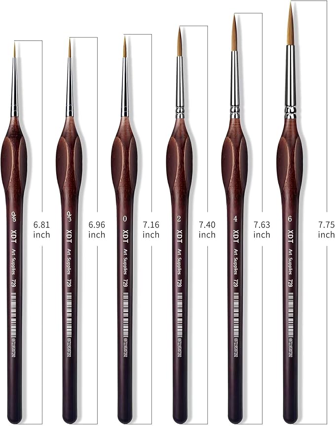 XDT#729 Micro Pin Point Artist Paint Brush 6 Piece Set Triangular Handle #00000#000#0#2#4#6, Fine Detailing Painting, Scale Models, Acrylic Watercolor Oil