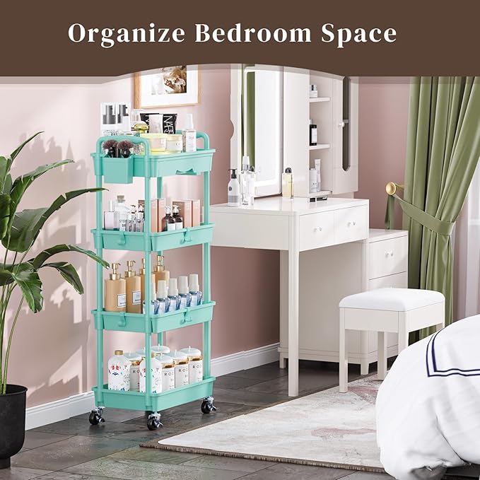 4 Tier Rolling Utility Cart with Drawer, Utility Storage Organizer with Plastic Shelf & Lockable Wheels Multifunctional Storage Cart for Kitchen, Bathroom, Office, Living Room, Blue