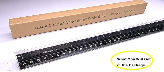 12 Inch Triangular Engineer Scale Ruler, Anodized Solid Aluminum Core with Laser Etched Scales, Imperial Scale - 1:10, 1:20, 1:30, 1:40, 1:50, 1:60, Ideal for Civil Engineering Drafting