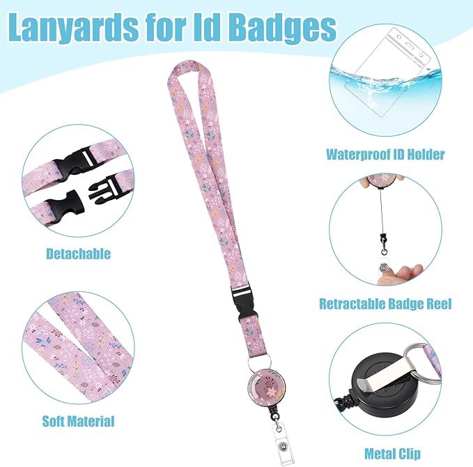 6 Pack Lanyards for Id Badges, Women Lanyards with ID Holder Detachable Cruise Lanyards with Waterproof ID Badge Holder Retractable Badge Reel (Floral Style)
