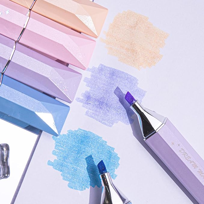 COLNK Glitter Pastel Highlighter,Set of 6 Pcs Cute Aesthetic Highlighters Assorted Colors,Chisel Tip,Metallic Highlighters for Journal Planner, Highlighting, Note-taking,Glitter Ink A