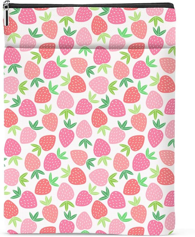 Strawberry Pattern Book Lovers Gifts Waterproof Book Sleeve Book Pouch Book Protector with Zipper and Front Pocket BookCover Case for Women Girl Sister Bestie Book Accessories Book Club Gifts