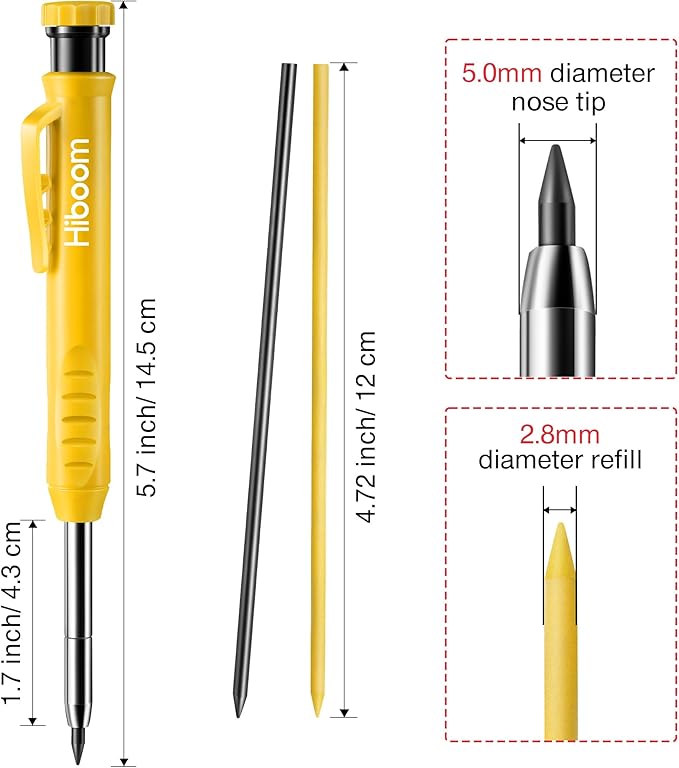 Hiboom 2 Pack Solid Carpenter Pencil with 14 Refill, Long Nosed Deep Hole Mechanical Pencil Marker with Built-in Sharpener for Carpenter Woodworking Architect with Design Patent (Black, Yellow)