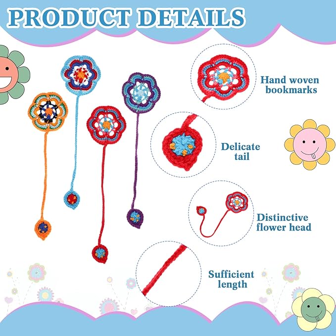 Harloon 4 Pieces Christmas Book Lover Gifts Flowers Crochet Bookmark Book Lovers Bookmarks Handmade Knitted Book Marker Curtain Tiebacks Holdbacks Car Ornaments for Readers Writers Library(Classic)