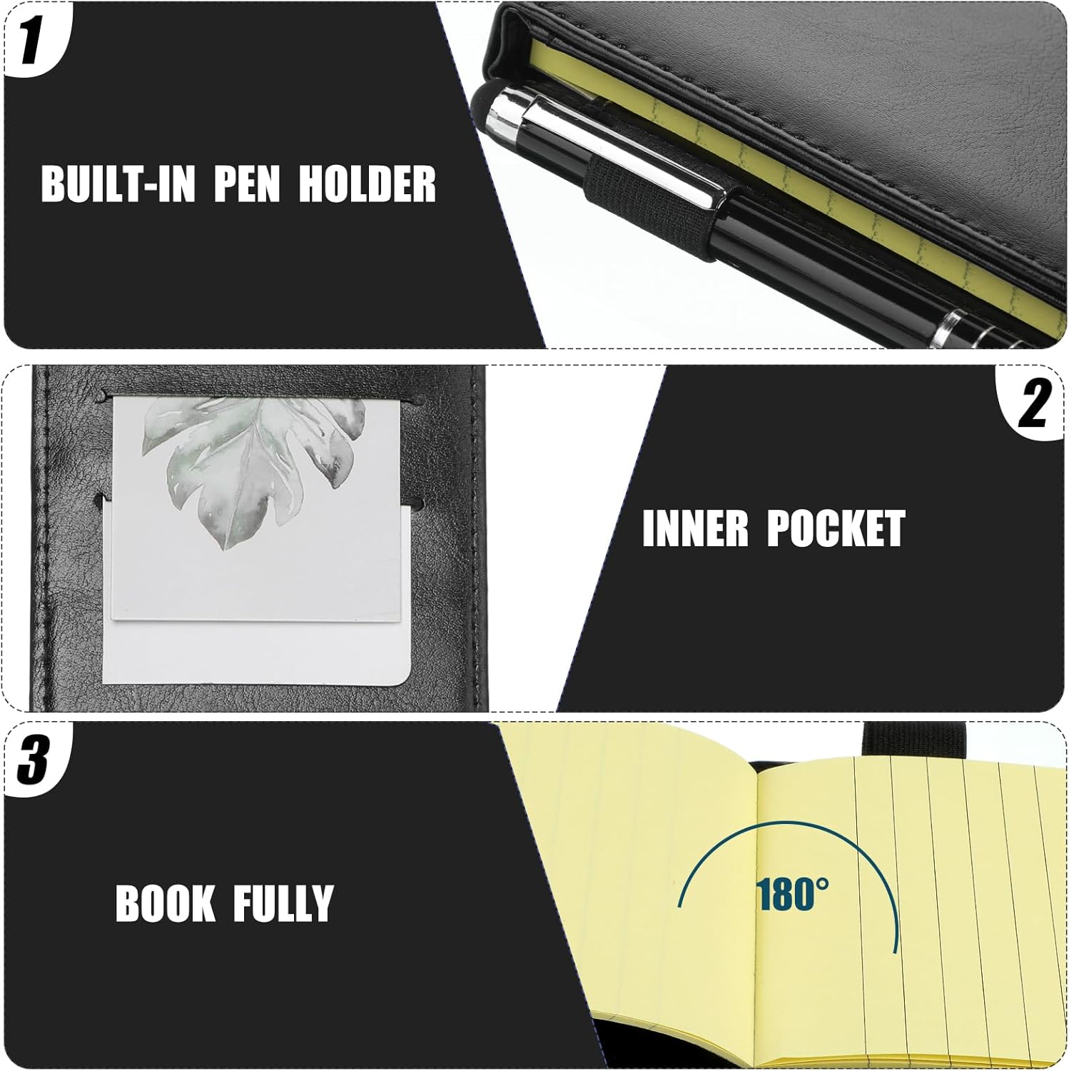 Outus 10 Pcs Pocket Notebook with Pen Set Included Mini Pocket Notepad Holder with 50 Lined Sheets, Metal Pen, 8 Pcs 3 x 5 Inch Memo Book Refills, 30 Lined Paper Per Note Pad (Black, Yellow)