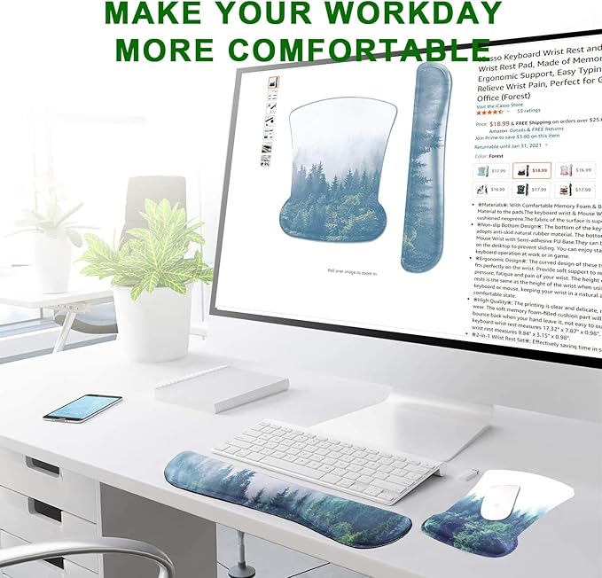 iCasso Keyboard Wrist Rest and Mouse Wrist Rest Pad, Made of Memory Foam, Ergonomic Support, Easy Typing and Relieve Wrist Pain, Perfect for Gaming, Computer, Office, Laptop (D-Forest)
