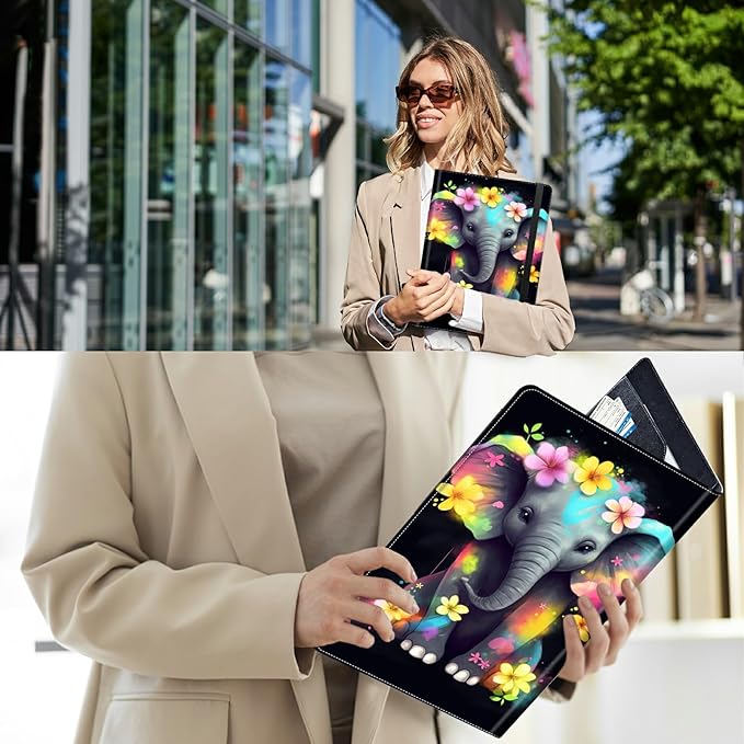 PU Leather Padfolio Folder Clipboard Portfolios Organizer Conference Document Organizer with Business Card Holder Storage Clipboard Writing Pad,Elephant with Flowers