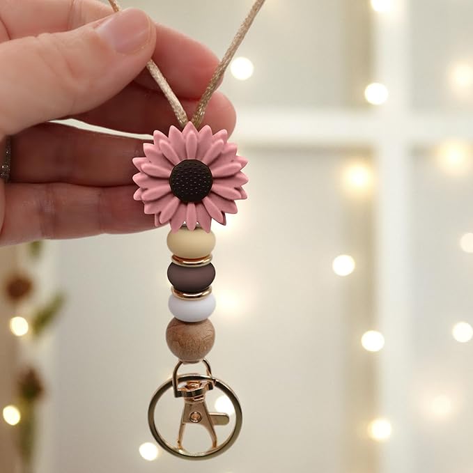 Flower Teacher Lanyards ID Badge and Key Chain, Cute Silicone Beads Lanyard for Women Nurse Work Student (Dark Violet)