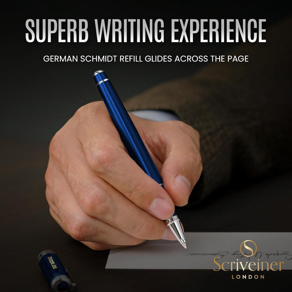 Scriveiner Personalized Midnight Blue Pen - Stunning Blue Lacquer Luxury Pen, Chrome Finish, Schmidt Ink Refill, Best Engraved Roller Ball Gift Set for Men & Women, Custom Name Engraving