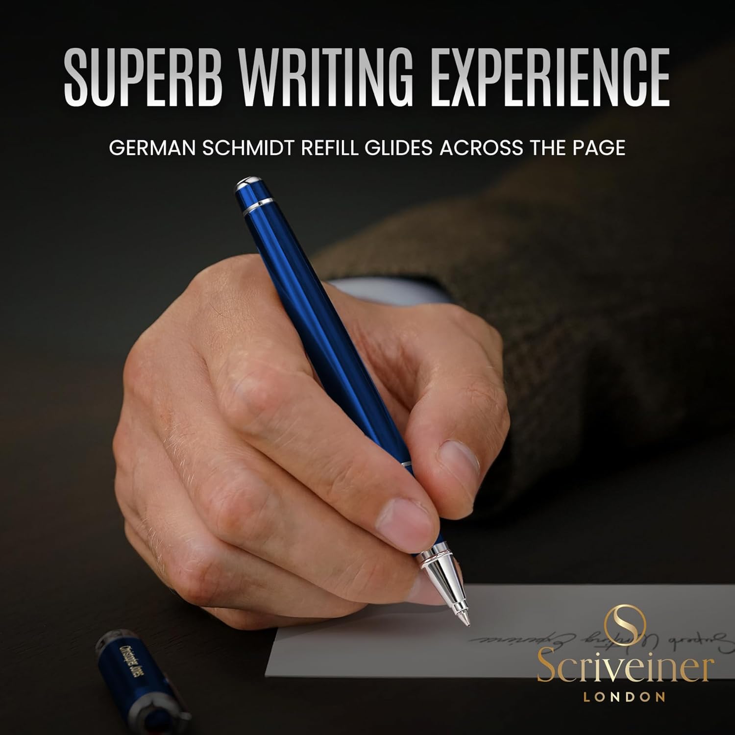 Scriveiner Personalized Midnight Blue Pen - Stunning Blue Lacquer Luxury Pen, Chrome Finish, Schmidt Ink Refill, Best Engraved Roller Ball Gift Set for Men & Women, Custom Name Engraving