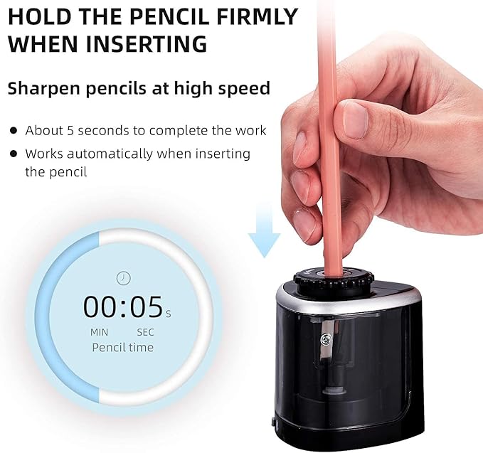 Pencil Sharpener Electric Pencil Sharpener for Kids, Blade to Fast Sharpen, Suitable for No.2/School/Classroom/Office/Home (Black)