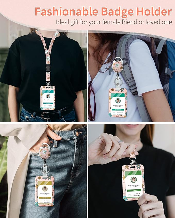 Uniclife Floral Sliding Badge Holder Colorful Flower Plastic Case with Retractable Badge Reel Carabiner Clip and Detachable Lanyard Strap Fashionable Vertical Card Protector for Women Teacher Student
