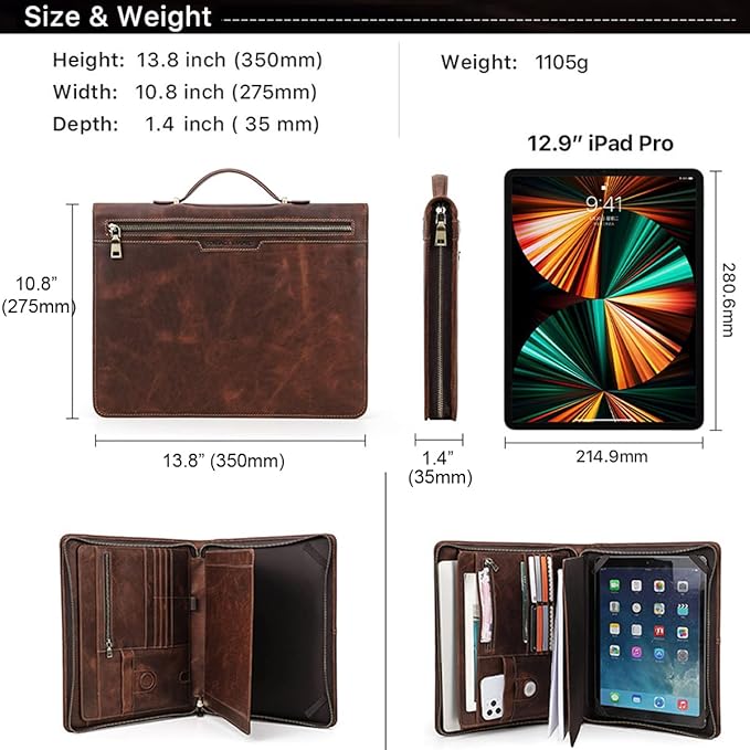 Portfolio Binders - Genuine Leather Padfolio - Business Notebook Organizer w/Zipper and Handle for Resume & Work - Padfolio for Men & Women w/Notepad Fit iPad Pro 12.9" / Portfolio with AirTag Holder