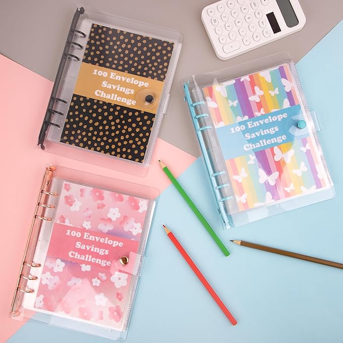 HAUTOCO 100 Envelopes Money Saving Challenge A5 Binder, Savings Challenges Book to Save $5,050, $500, $10,000, Budget Binder with Cash Envelopes, PVC Money Saving Binder with Challenge Trackers, Blue