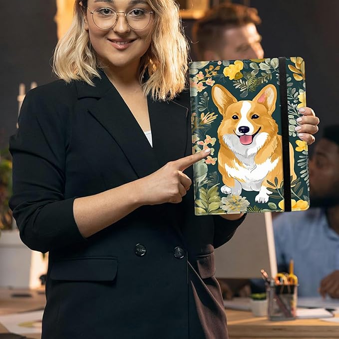 Dog Flower Padfolio Folder with Clipboard,Portfolios Organizer Clipboards with Storage Clipboard Writing Pad PU Leather Conference Document Organizer with Business Card Holder