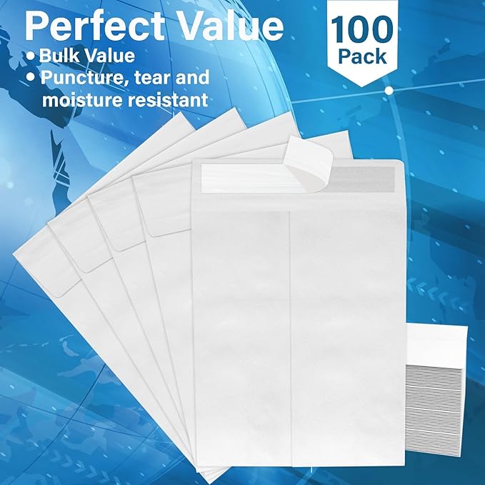 10x13 Envelopes, Tyvek Envelopes, Mailing Envelopes 10x13, Catalog Envelopes, Self Sealing Closure, Tyvek Material, 14 lb., Puncture, Tear & Moisture Resistant, Bulk (100 Pack)