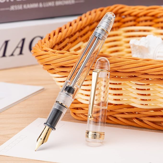 Asvine V126 Vacuum Filling Fountain Pen Extra Fine Nib, Transparent Clear Acrylic, Large-Capacity with Gift Case