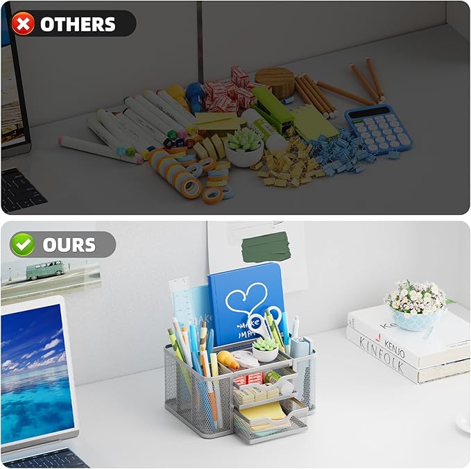 Marbrasse Mesh Desk Organizer, Pen Organizer with 2 Drawer, Multi-Functional Pencil Holder for Desk, Desk Organizers and Accessories with 5 Compartments + Drawer for Office Art Supplies (Silver)
