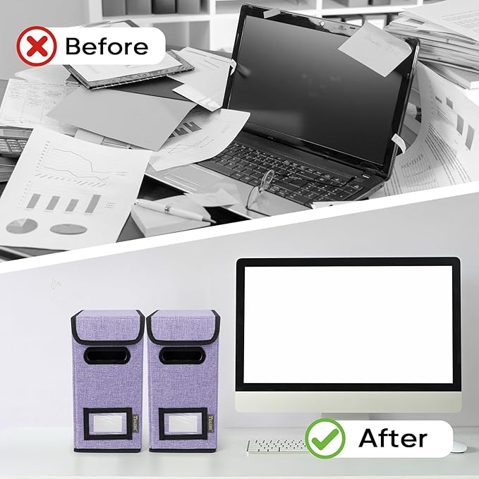 BALEINE File Organizer Box with Lid, Collapsible File Folder Organizer with Plastic Slide, Hanging File Folder Box for Office Document Storage (1 Pack, Purple, S)