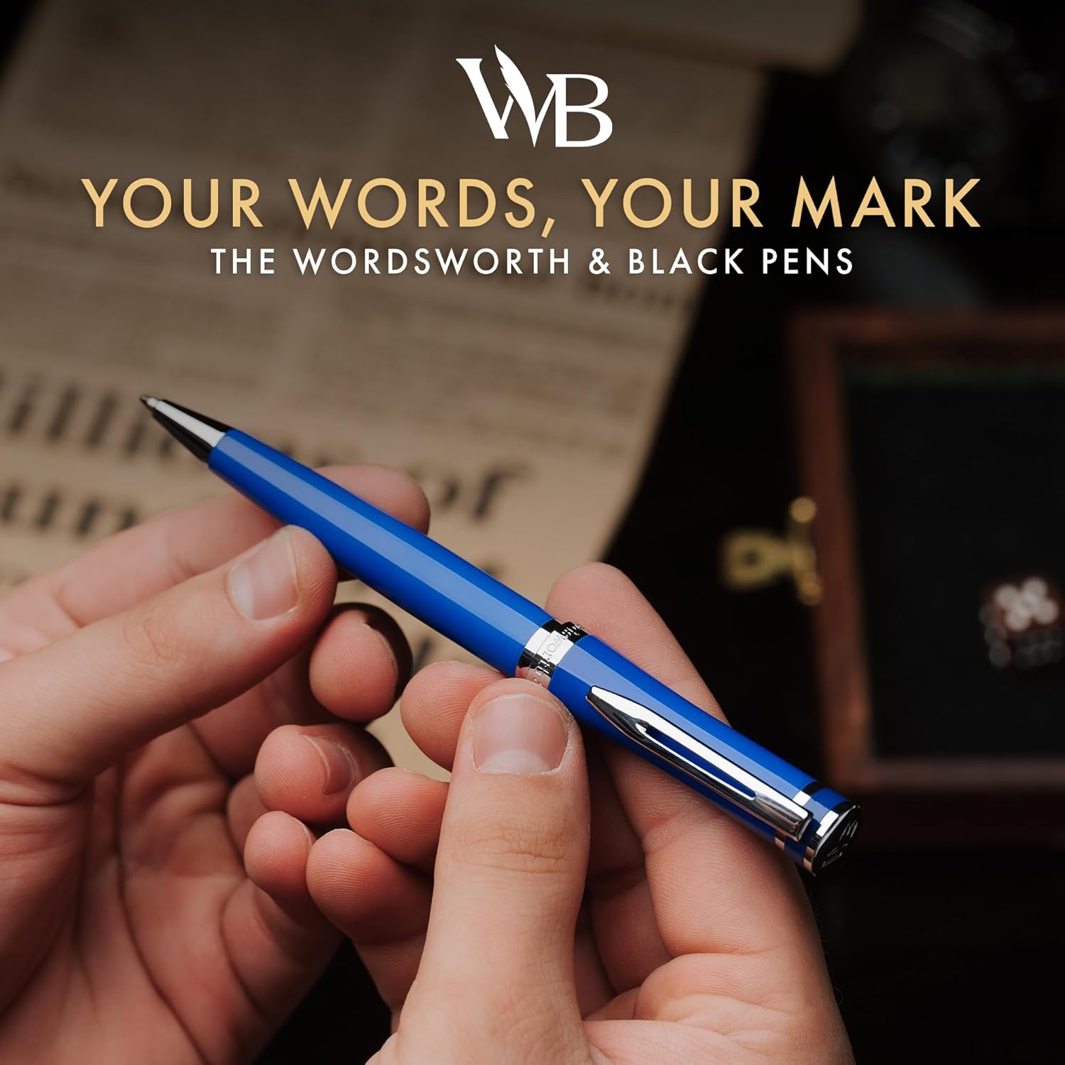 Wordsworth and Black Ballpoint Pen Blue Lacquer- Stunning Luxury Pen Chrome Finish, Ink Refill, Best Gift Set for Men & Women, Refillable, Elegant, Nice Pens, Fine Point