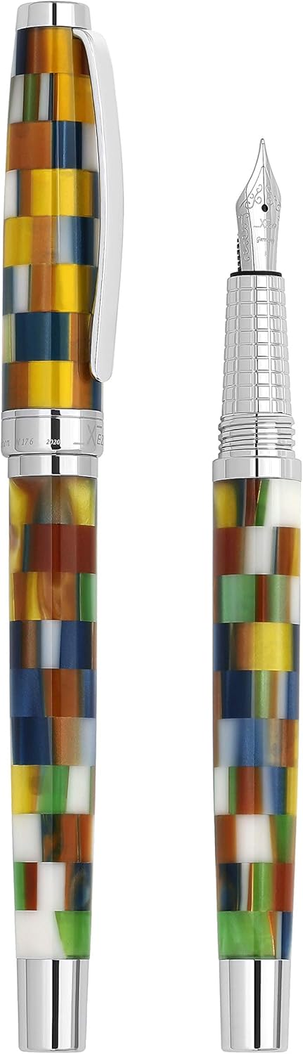 Xezo Urbanite II Fountain Pen, Fine Nib. Jazzy Multicolor Checkered Acrylic on Brass. Chrome Plated. Handcrafted, Limited Edition, Serialized