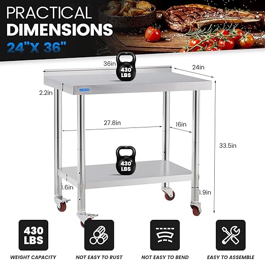 Stainless Steel Table for Prep & Work with 4 Caster Wheels with Backsplash 24 x 36 NSF Metal Commercial Kitchen Adjustable Under Shelf Worktable for Restaurant Home Outdoor