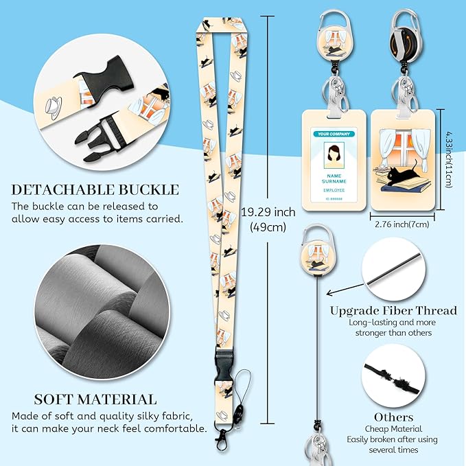 Lanyards for Id Badges, Black Cat Badge Holder with Retractable Reel Clip, Cute Work Name Tags Keychain Lanyard ID Card Protector Cover Case for Women Teacher Nurse Nursing Doctor Office
