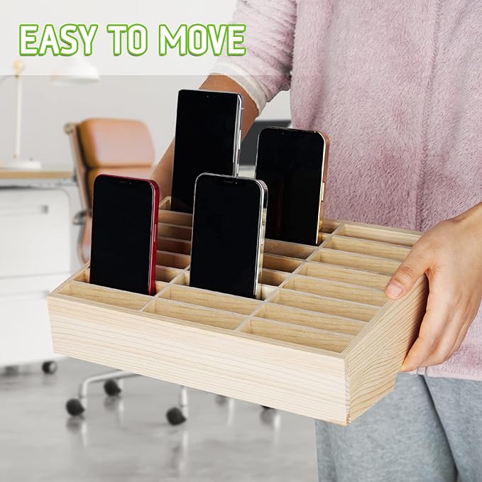 Wooden 24-Grid Cell Phones Storage Box Desktop Mobile Phone Holder Organizer for Office School Classroom (24-Grid)