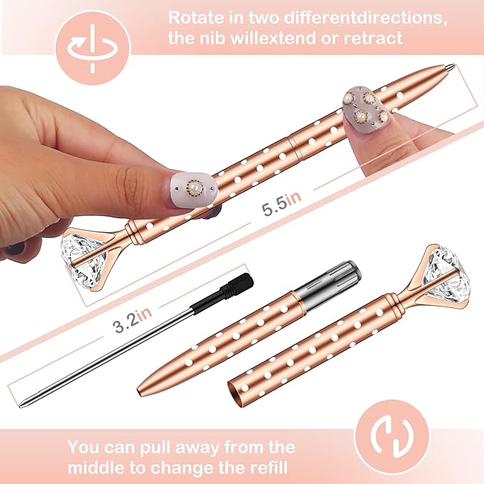 PASISIBICK 16 Pcs Rose gold Diamond Pens with Polka Dots - Bling Wedding Gifts for Women Bridesmaid Coworkers Metal Ballpoint Pens with Black Ink (Rose Gold with White Polka Dots)