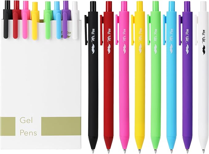 Mr. Pen- Retractable Gel Pens, 8 Pack, Color Ink Gel Pens Fine Point, Vivid Colors, 0.7mm Gel Pens Fine Point, Retractable Pens, Cute Pens, Aesthetic Pens for Journaling Fine Tip Pens