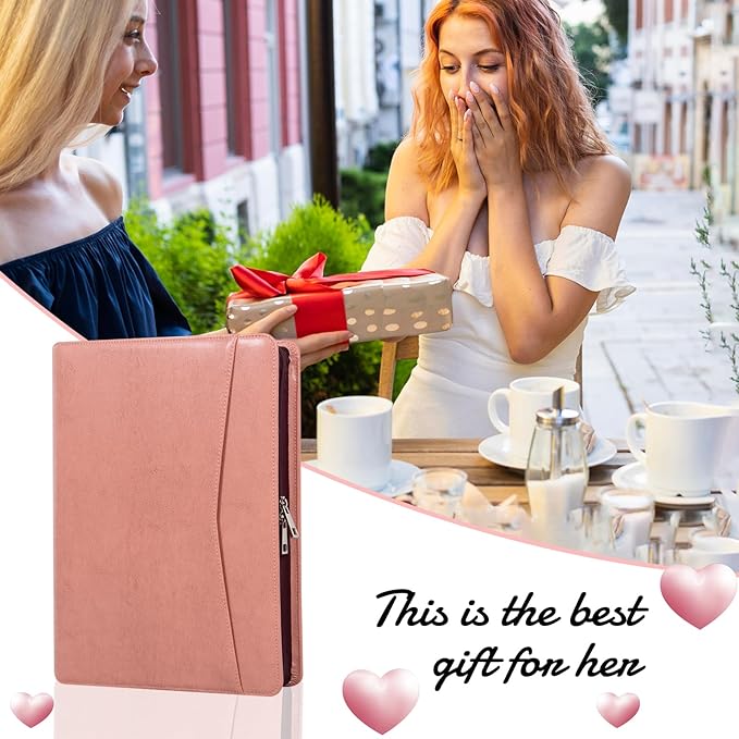 Free Name Engrave, Custom Vegan Leather Portfolio for Women, Personalized Business Padfolio with A4/US Letter Writing Pad Holder, Portfolio Folder for Girlfriend, Wife, Daughter, Customized, Pink