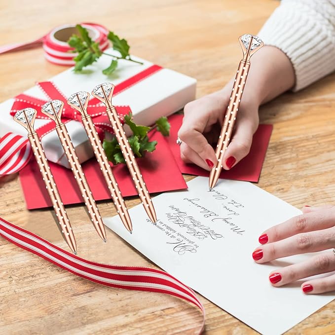 PASISIBICK 16 Pcs Rose gold Diamond Pens with Polka Dots - Bling Wedding Gifts for Women Bridesmaid Coworkers Metal Ballpoint Pens with Black Ink (Rose Gold with White Polka Dots)