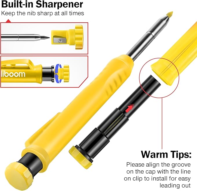 Hiboom 2 Pack Solid Carpenter Pencil with 14 Refill, Long Nosed Deep Hole Mechanical Pencil Marker with Built-in Sharpener for Carpenter Woodworking Architect with Design Patent (Black, Yellow)