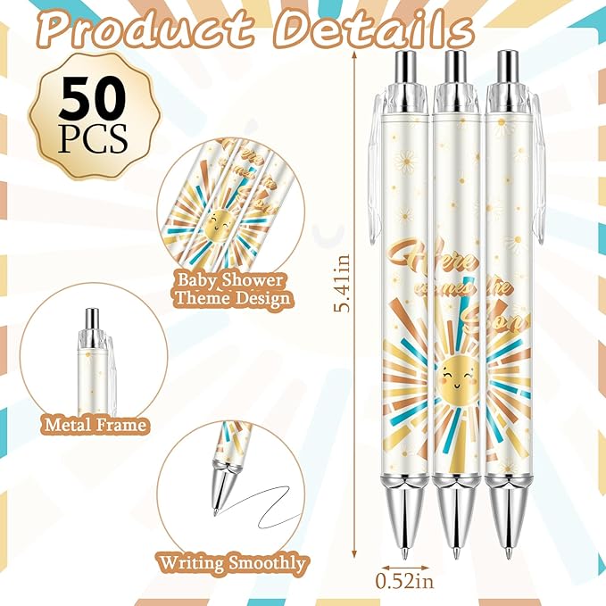 50 Sets Baby Shower Favors Gifts for Guests Includes 50 Rolling Paper Ballpoint Pens and 50 Greeting Thank You Bookmarks Baby Shower Party Favors (Here Comes The Sun)