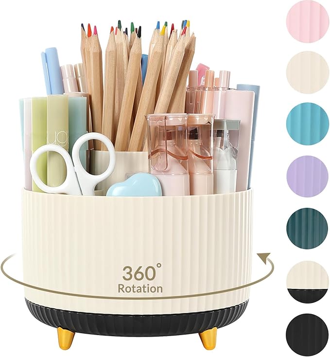SKYDUE 360 Degree Rotating Desk Organizer, Dual-Purpose Pencil Pen Holder for Desk, Rotating Desk Pen Organizer with 5 Slots, Pencil Cup for Office, School, Home (Beige-Black)